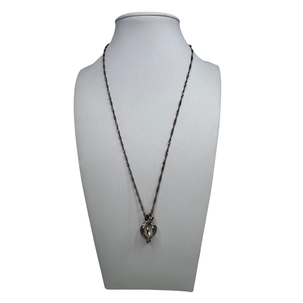 Sterling Silver Singapore Chain Cage Pendant Necklace‎ with White Faux Pearl